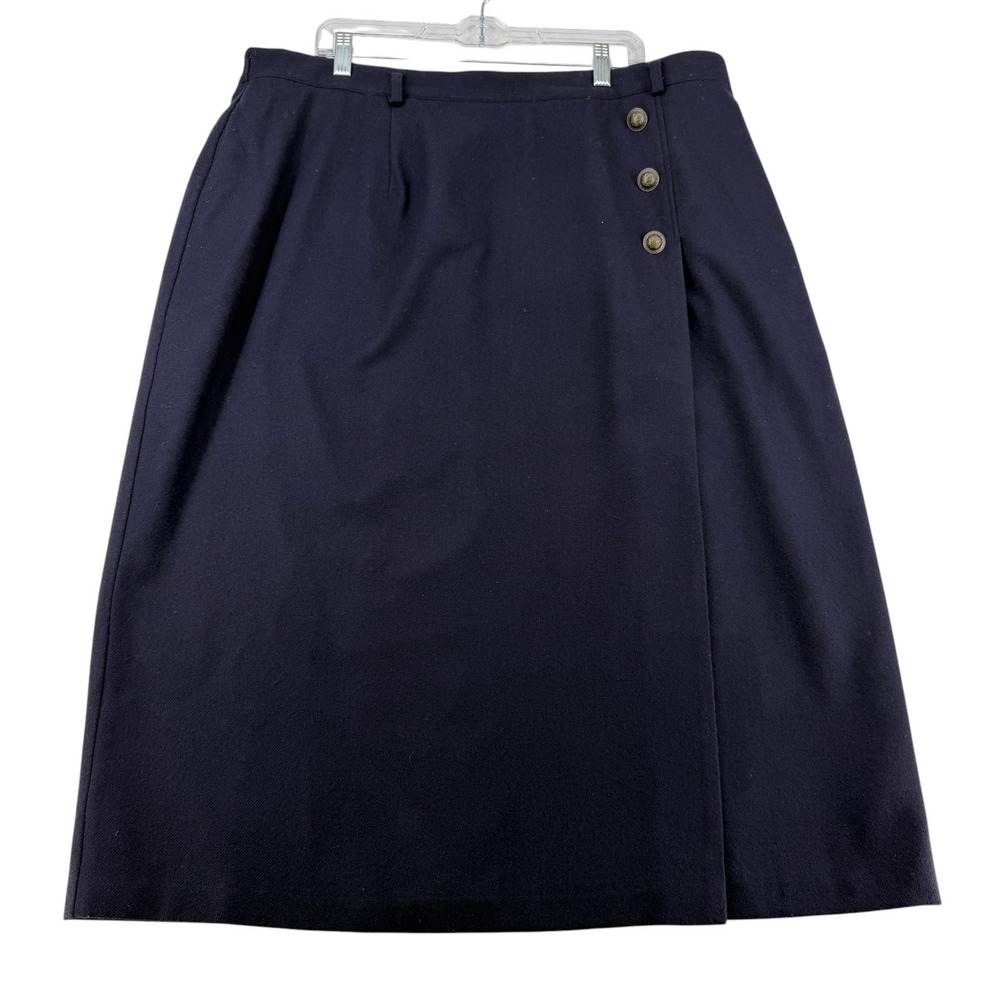Maggie McNaughton 100% Virgin Wool Faux Wrap Midi Skirt Womens Plus 24W Navy